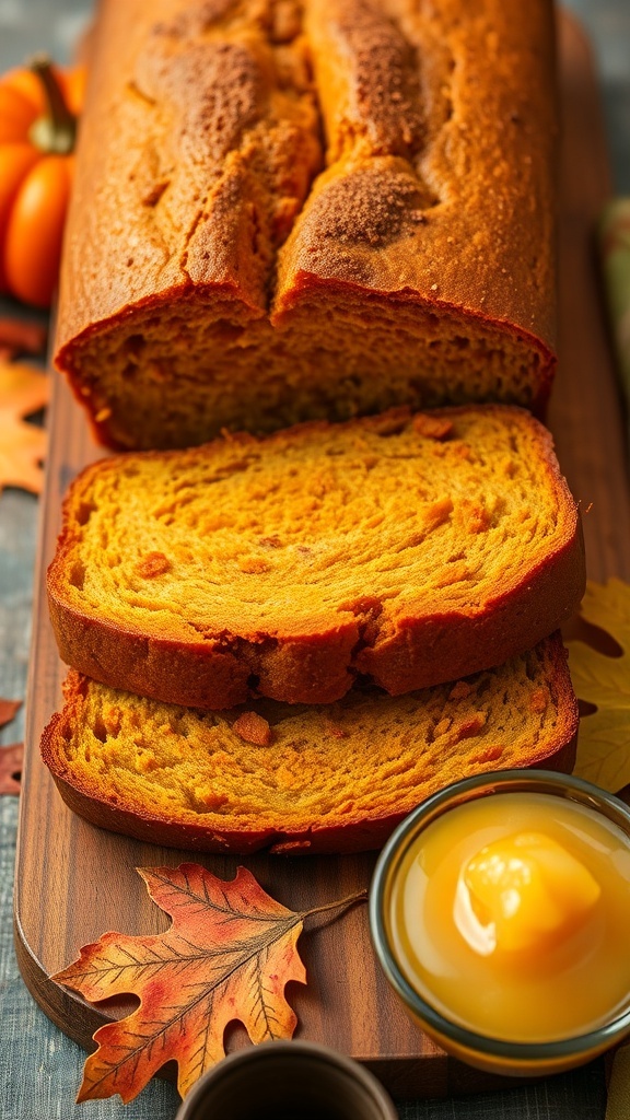 Sliced pumpkin bread on a wooden board, showcasing its moist texture, with a bowl of applesauce beside it.